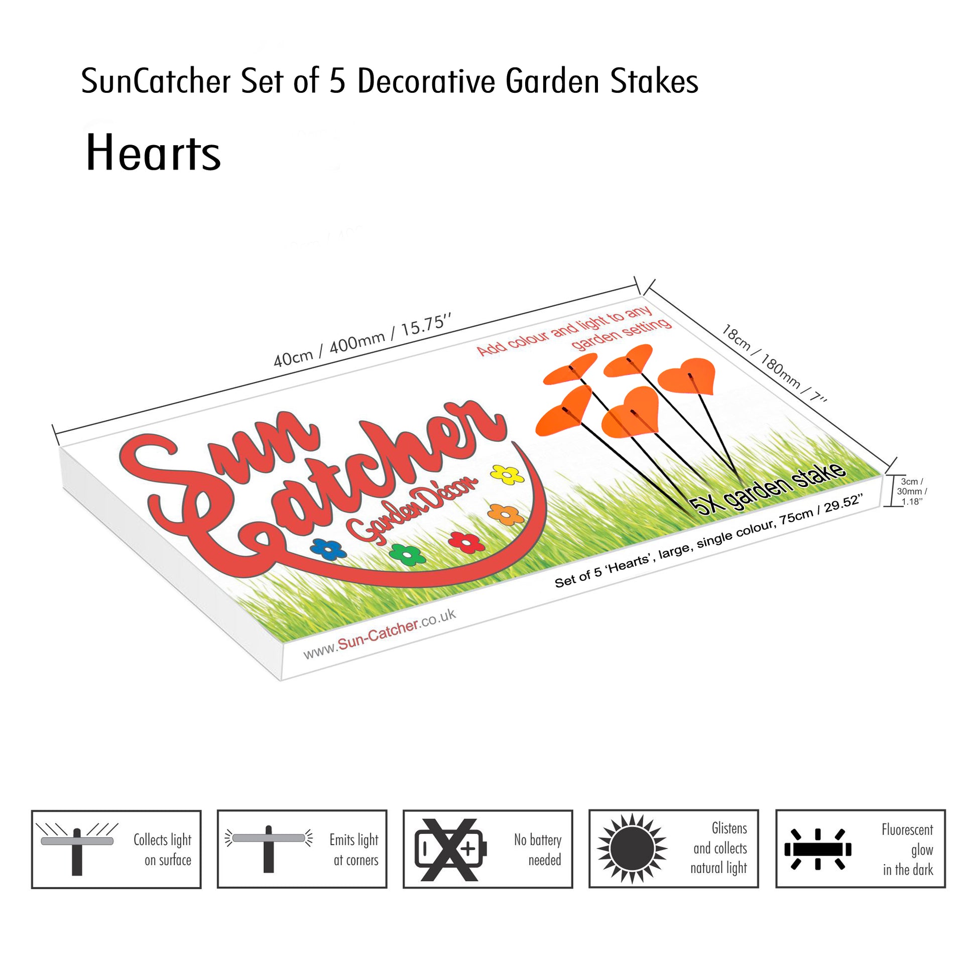 SunCatcher self glowing garden decorations romantic 5x Heart GLOW From DAWN TO DUSK Colourful Garden Ornament Love Gift
