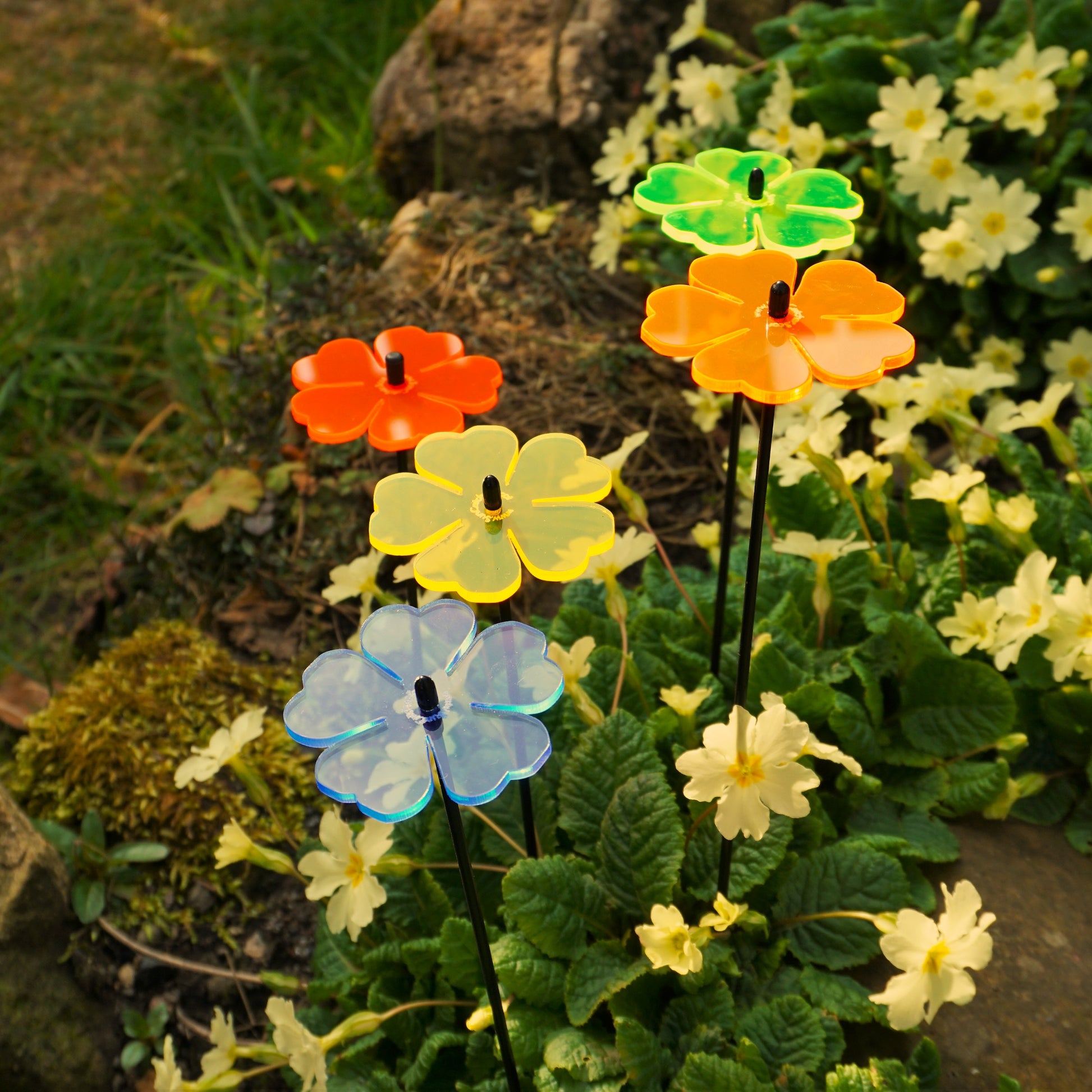 SunCatcher Set of 5: Double Blossom 25cm high Colourful Garden Stake Decoration