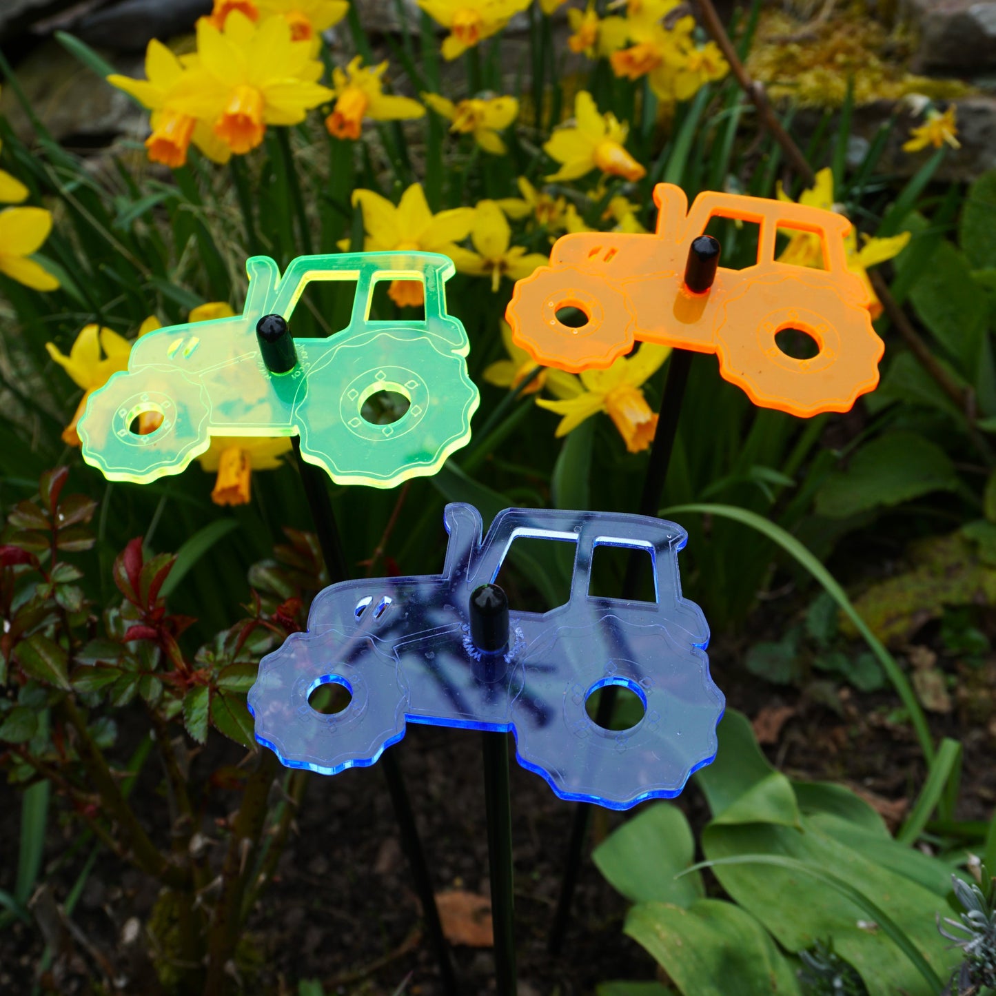 Set of 3 Glowing Medium Tractors SunCatcher Garden Decor Stakes