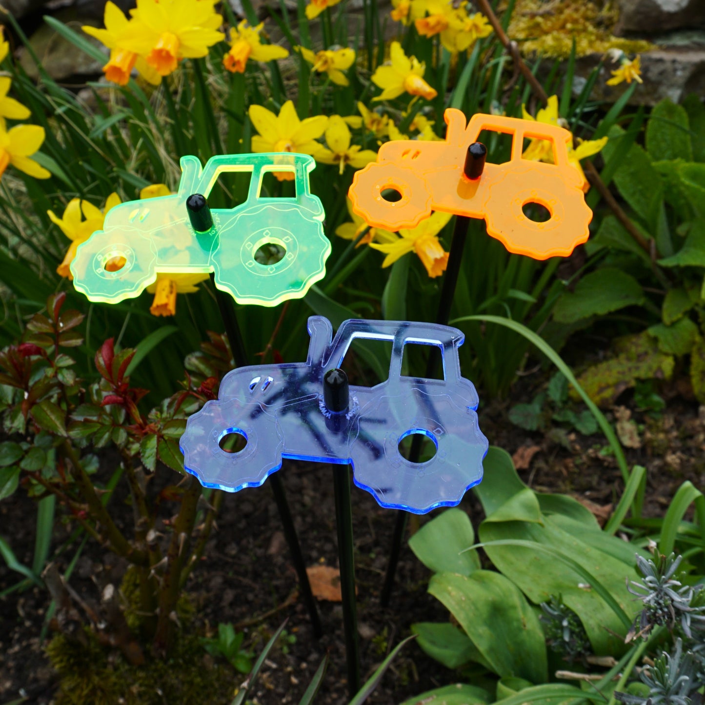 Set of 3 Glowing Medium Tractors SunCatcher Garden Decor Stakes