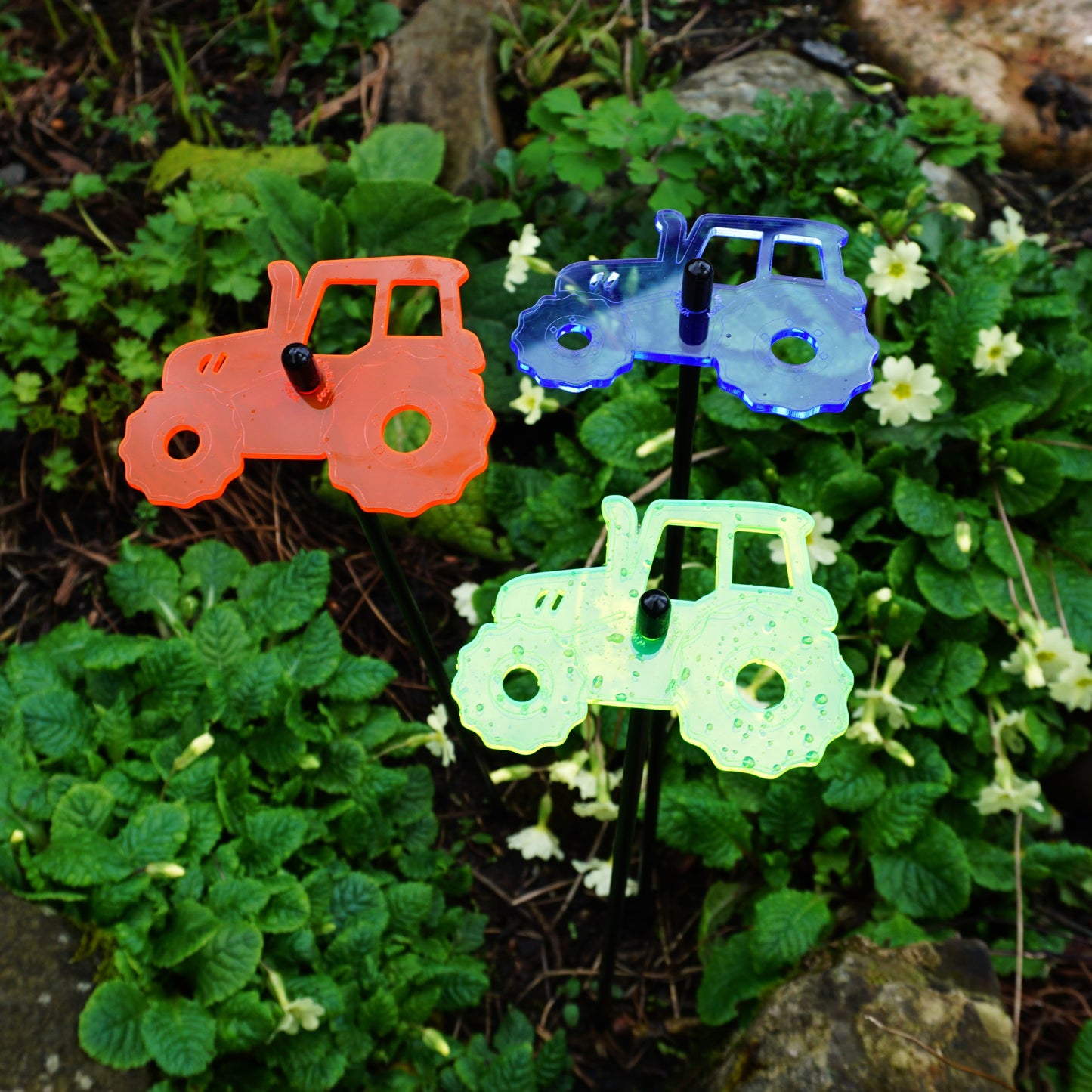 Set of 3 Glowing Medium Tractors SunCatcher Garden Decor Stakes