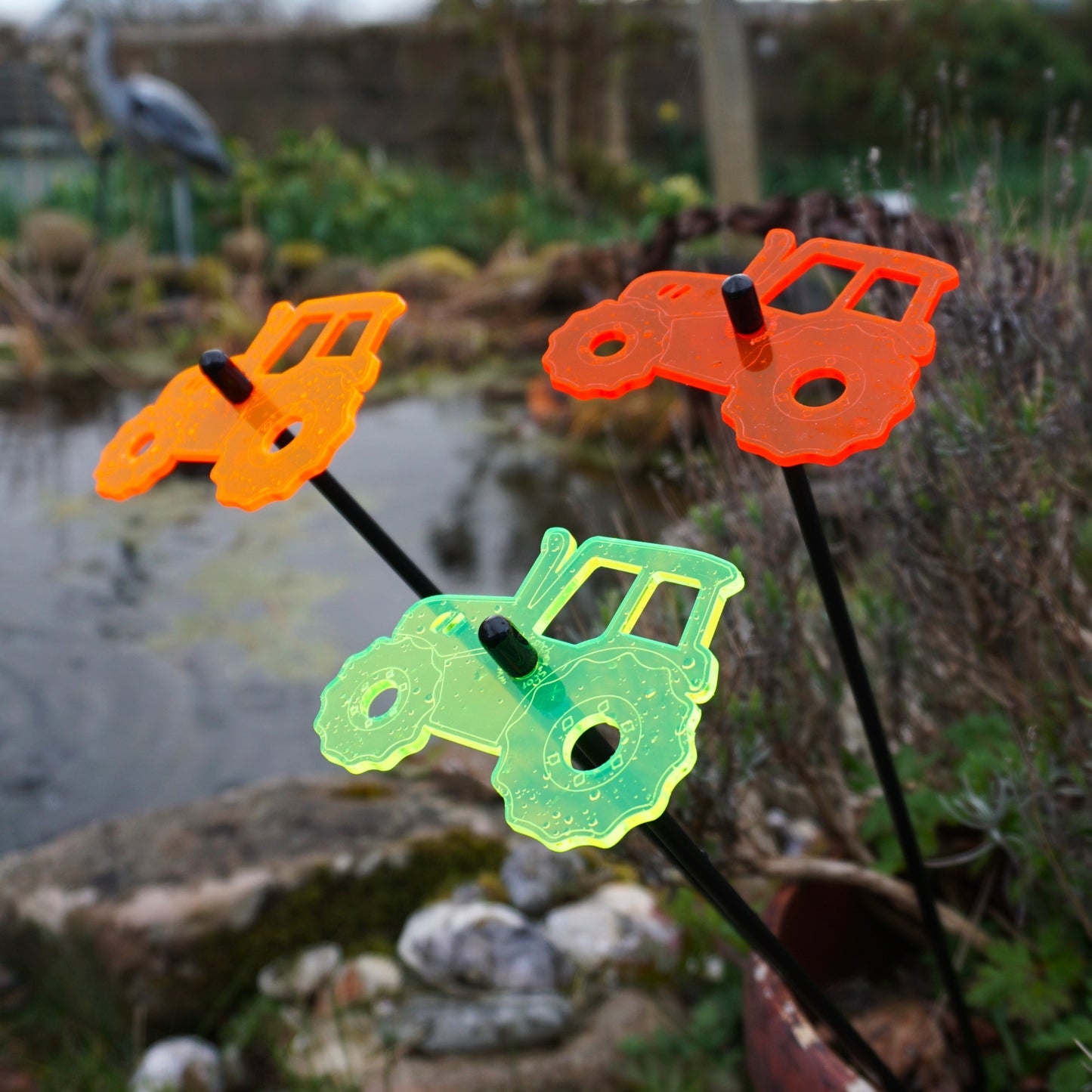 Set of 3 Glowing Medium Tractors SunCatcher Garden Decor Stakes