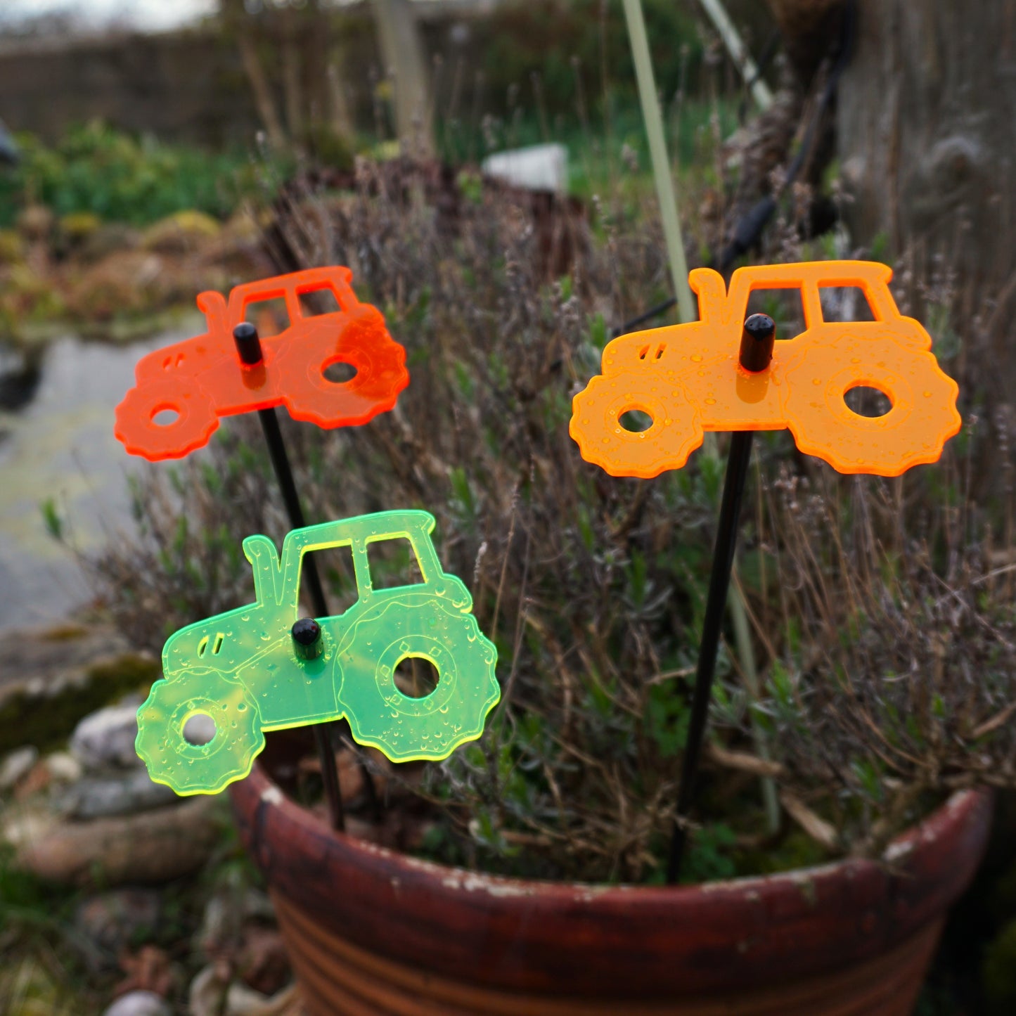 Set of 3 Glowing Medium Tractors SunCatcher Garden Decor Stakes