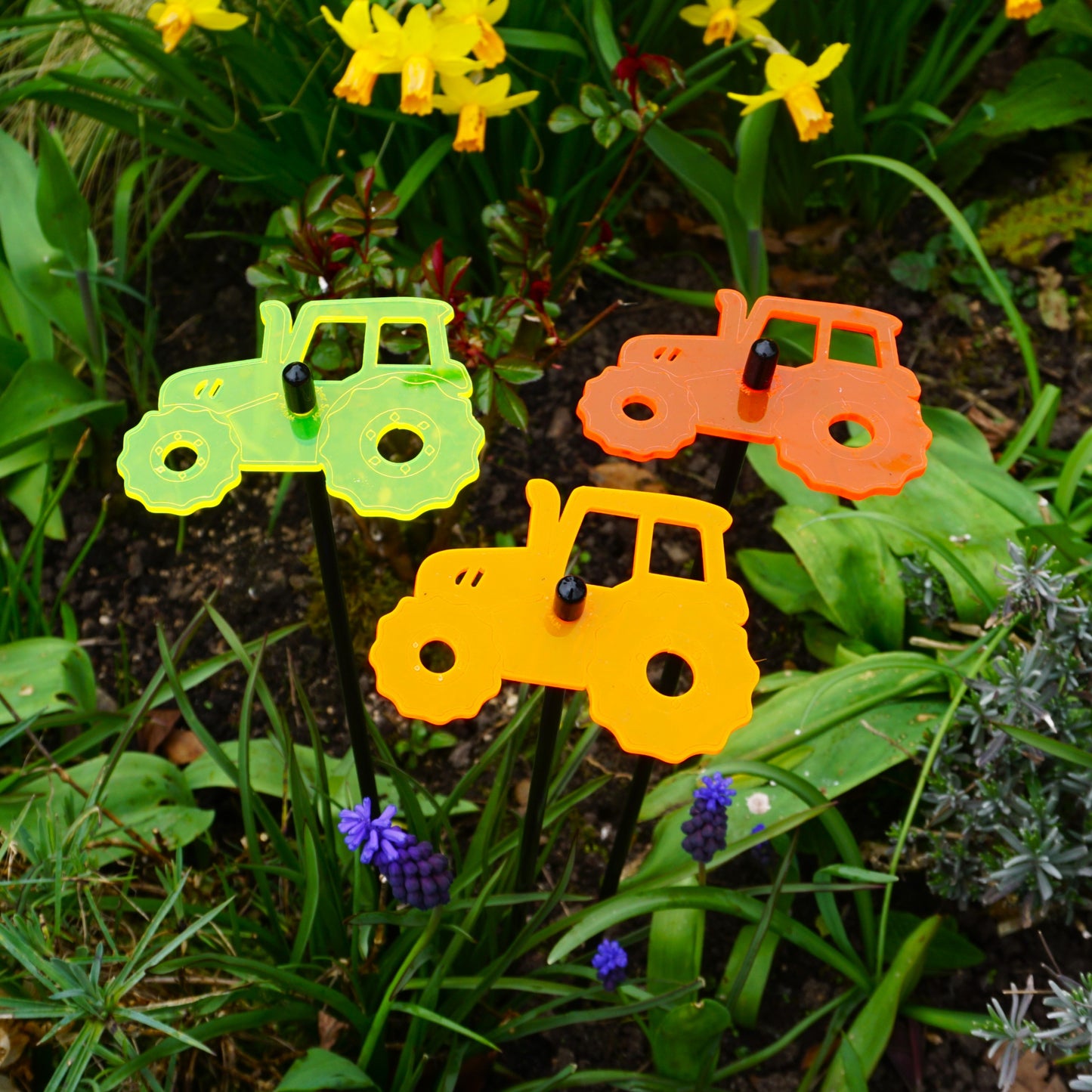 Set of 3 Glowing Medium Tractors SunCatcher Garden Decor Stakes