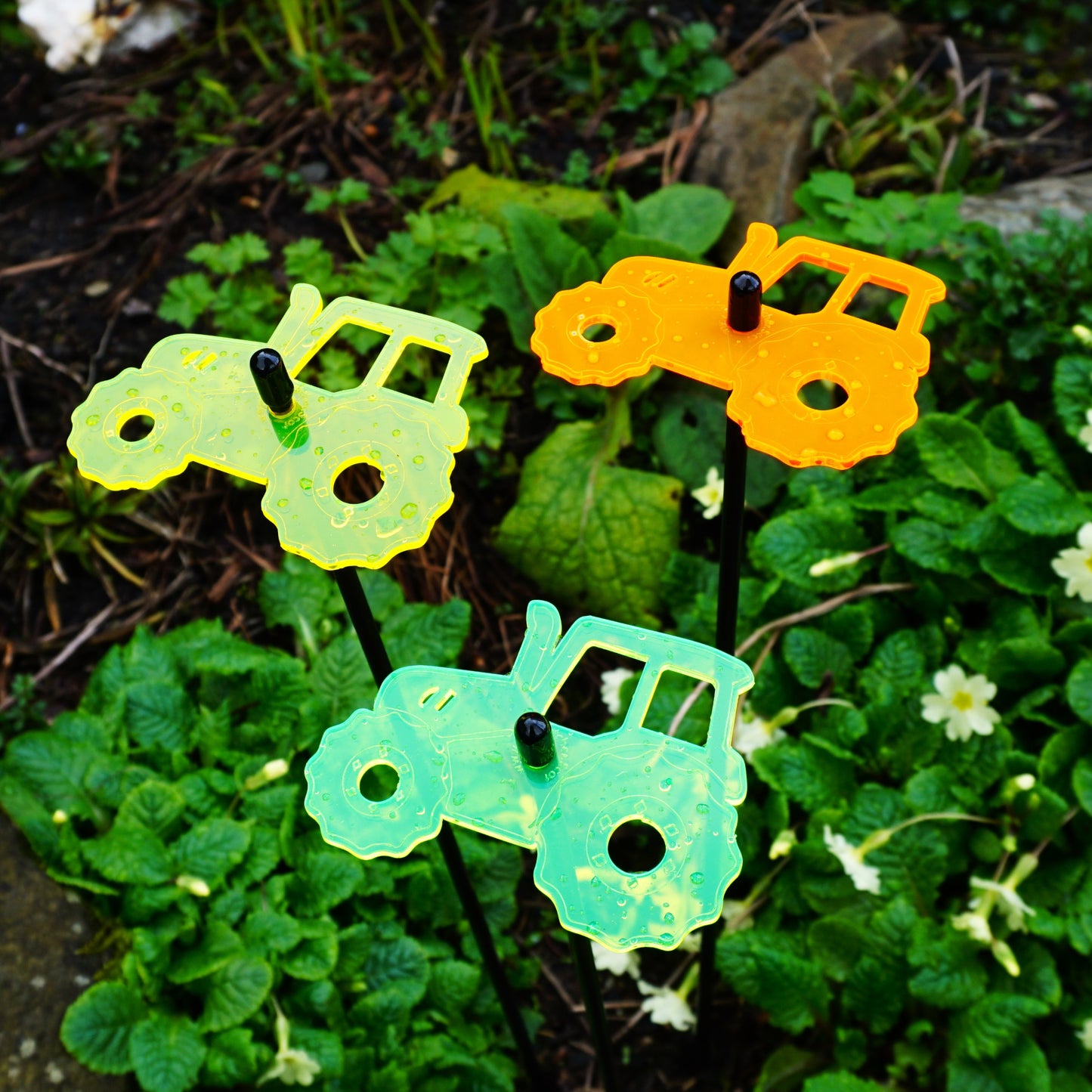 Set of 3 Glowing Medium Tractors SunCatcher Garden Decor Stakes