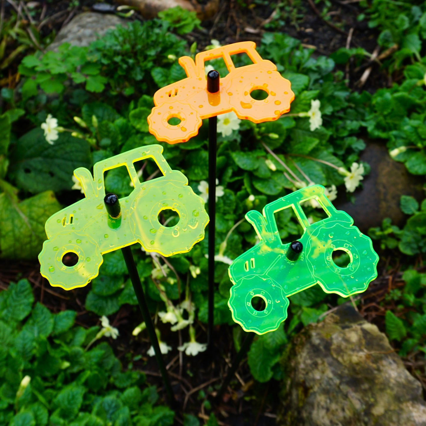 Set of 3 Glowing Medium Tractors SunCatcher Garden Decor Stakes