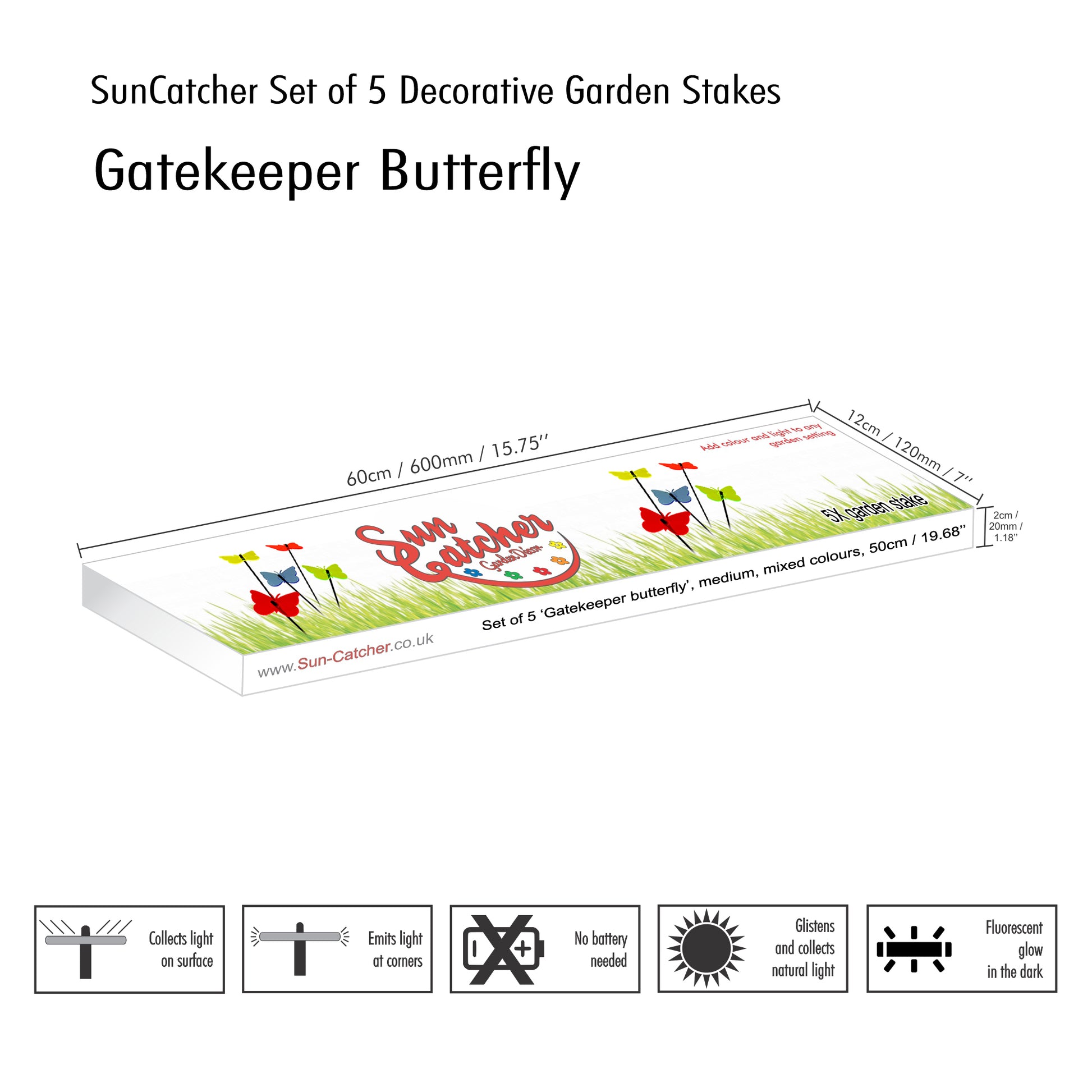 SunCatcher Set of 5 Butterfly Colourful Glowing Garden Ornament Stake 50cm high