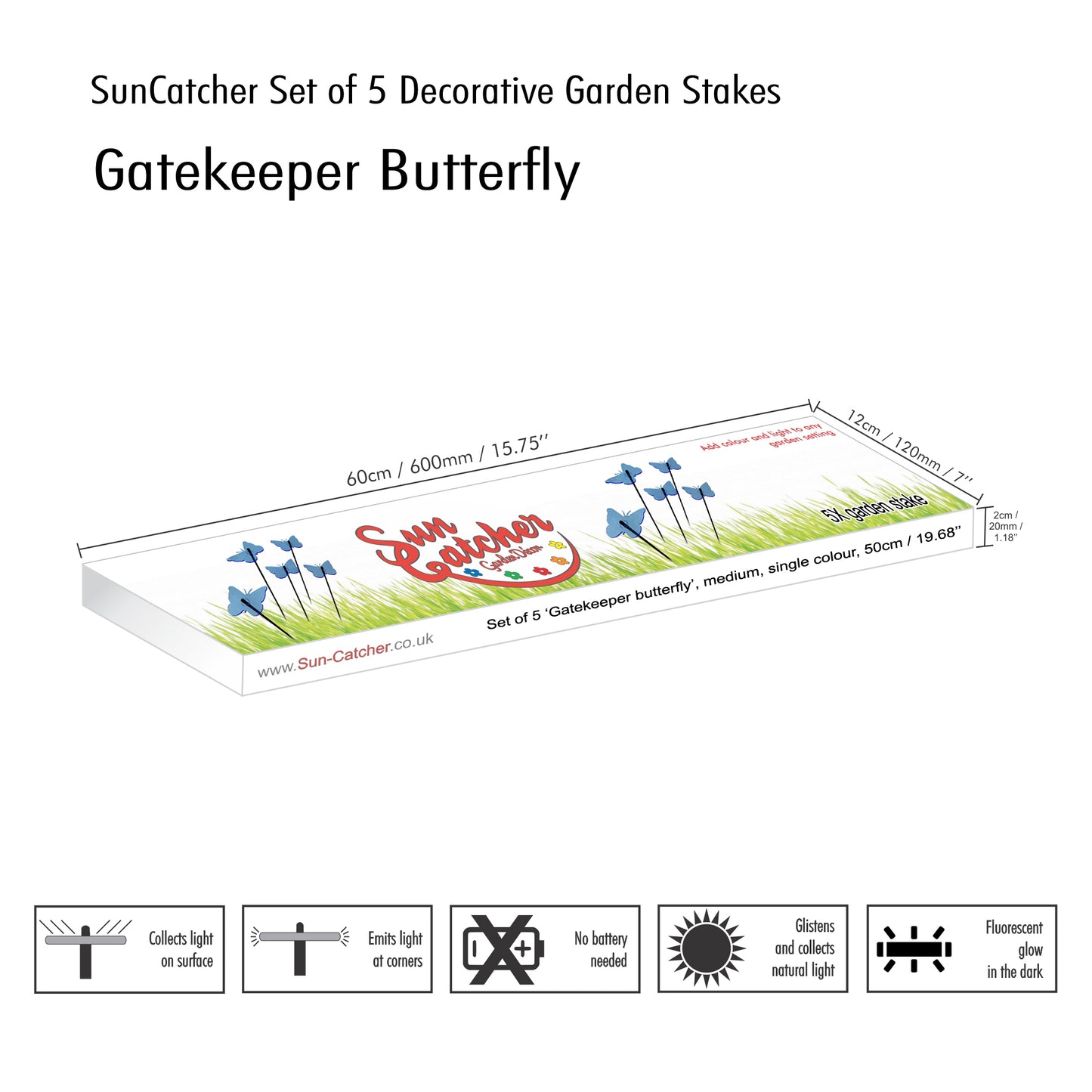 SunCatcher Set of 5 Butterfly Colourful Glowing Garden Ornament Stake 50cm high