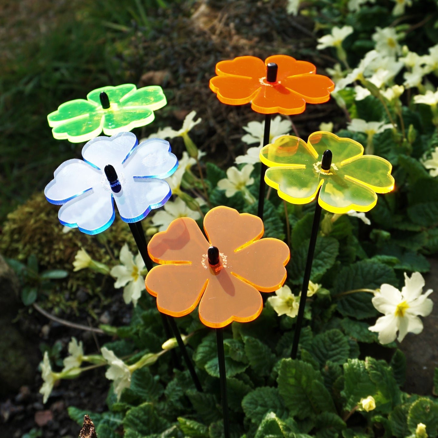 Double Blossom Garden Stakes – Set of 5 | Fluorescent Garden Décor | Small, Medium & Large