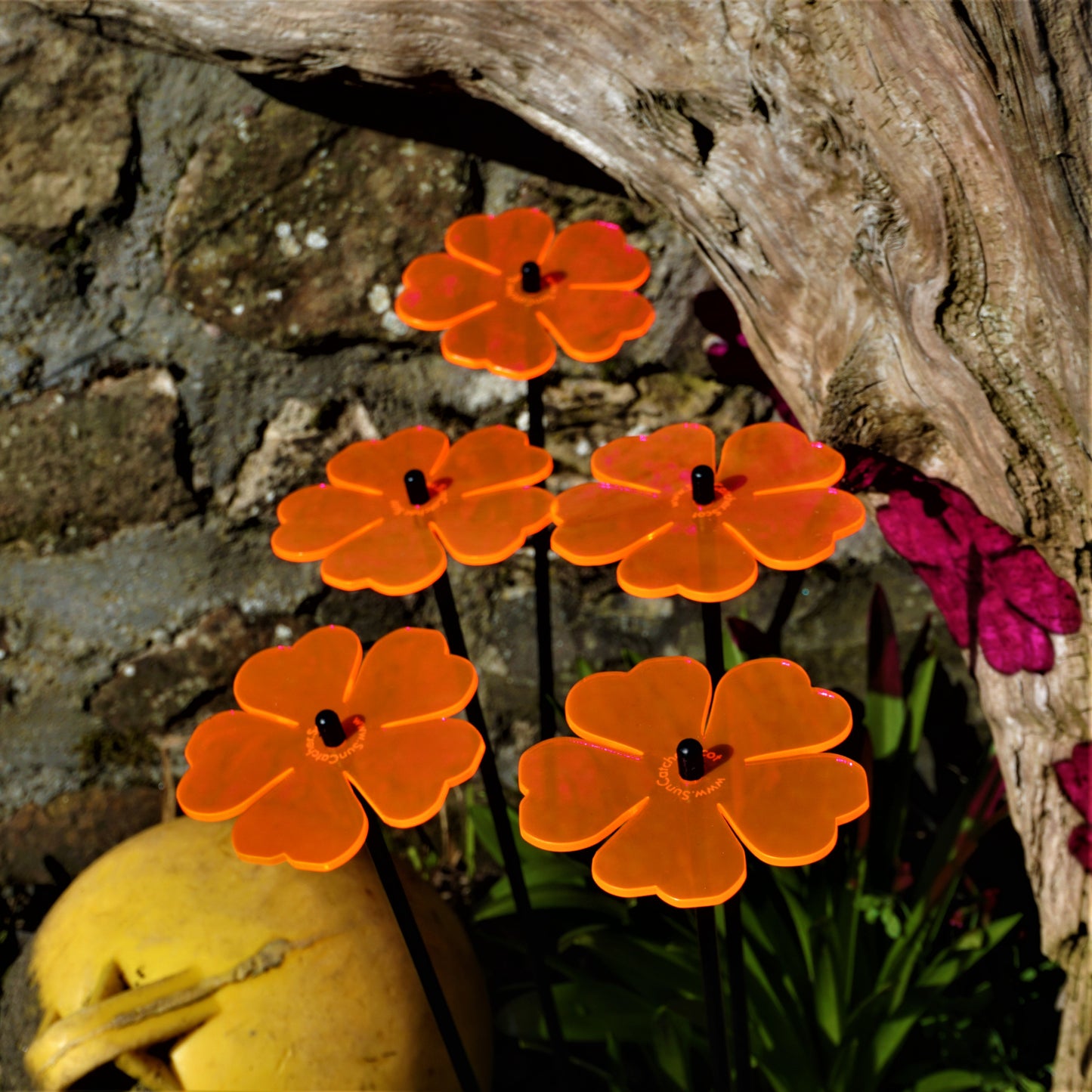 Double Blossom Garden Stakes – Set of 5 | Fluorescent Garden Décor | Small, Medium & Large