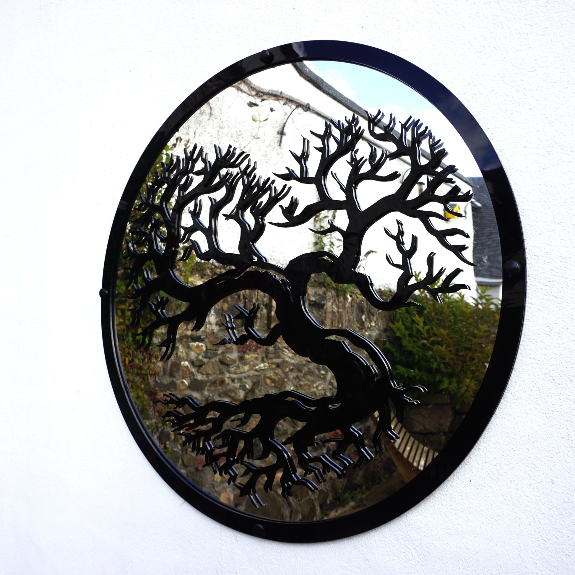 Heart Shaped Tree Garden Mirror 50cm, 19.6 Inch Diameter Round SunCatcher Decor garden mirrors, wall mounted indoor outside mirrors