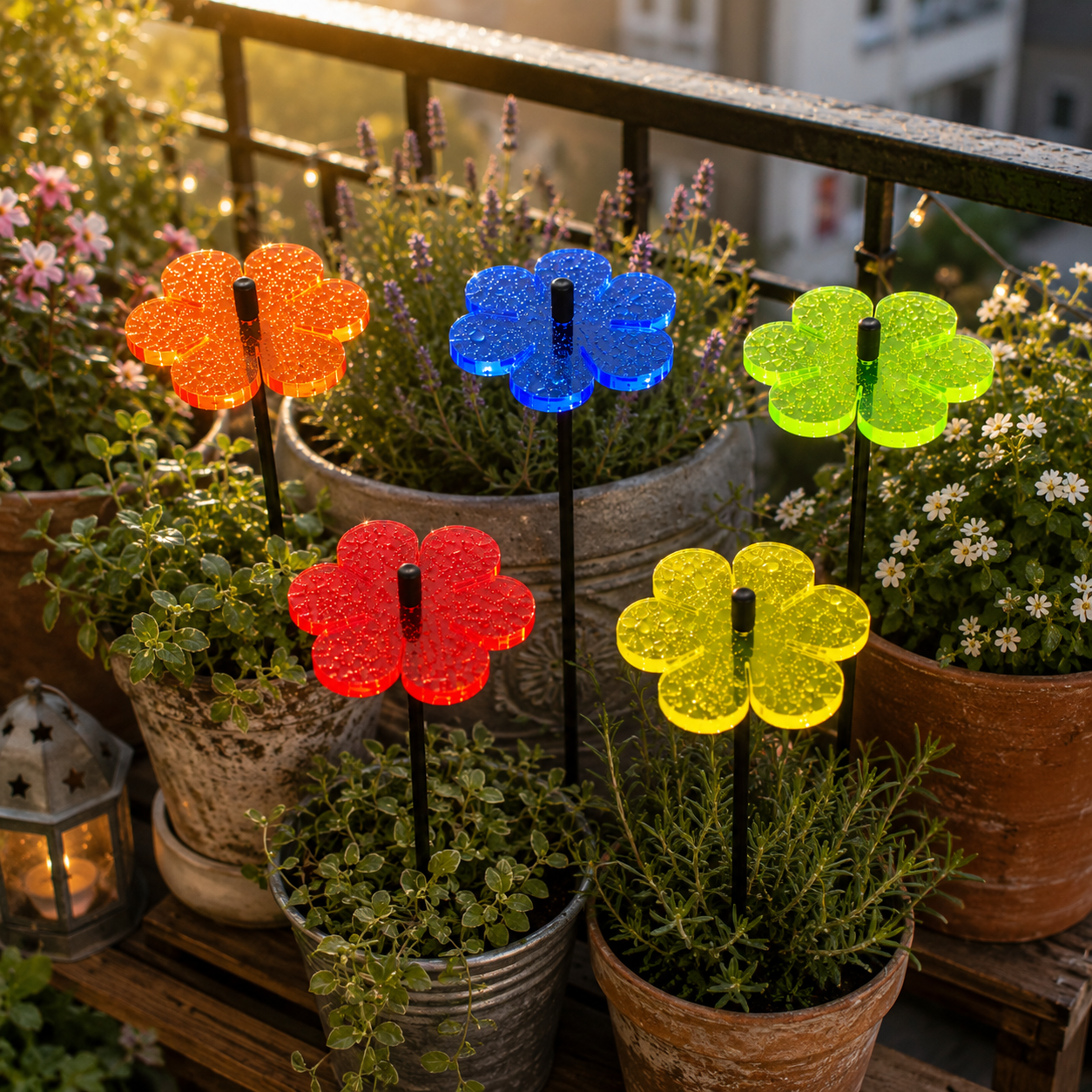 Double Blossom Garden Stakes – Set of 5 | Fluorescent Garden Décor | Small, Medium & Large