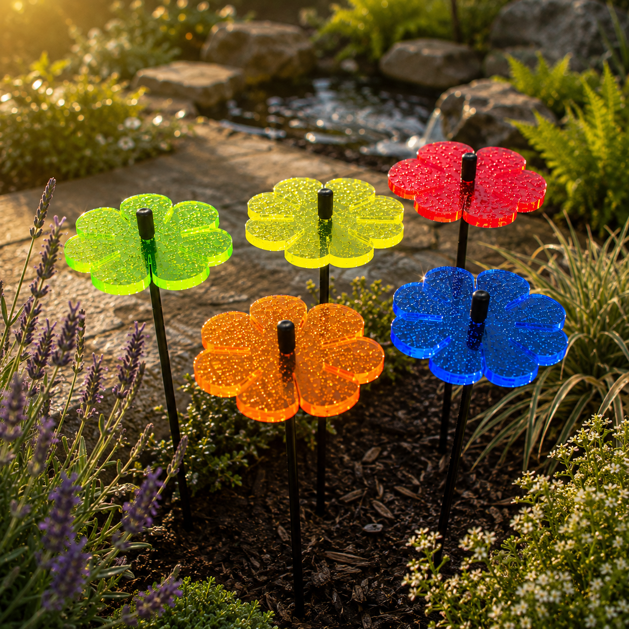 Set of five colourful Double Blossom fluorescent acrylic garden stakes beside a pond in a British cottage garden with red, orange, yellow, green and blue flowers glowing in warm evening sunlight.