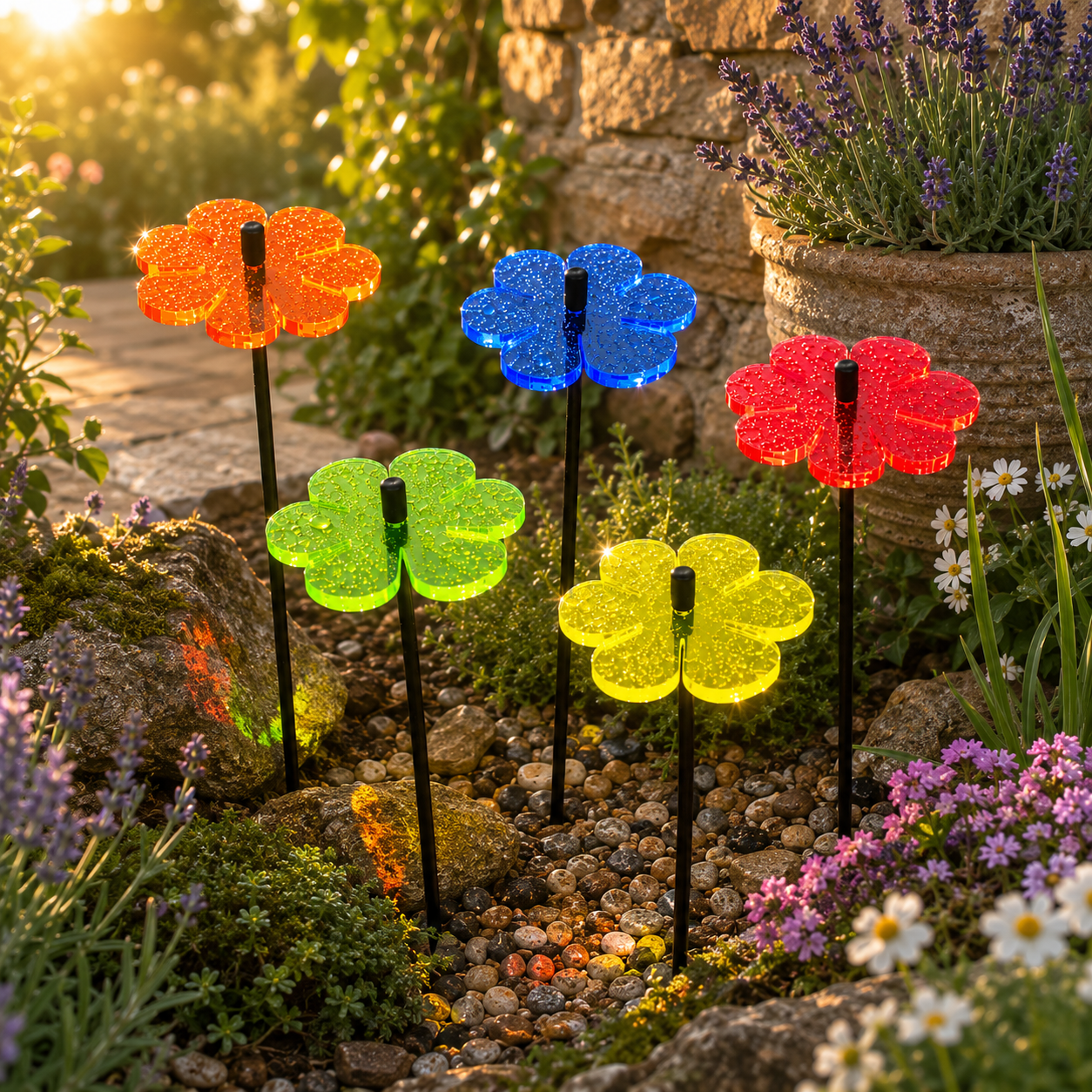 Five colourful Double Blossom fluorescent acrylic garden stakes in orange, green, yellow, blue and red displayed beside a stone wall with lavender and cottage garden flowers glowing in warm evening sunshine.