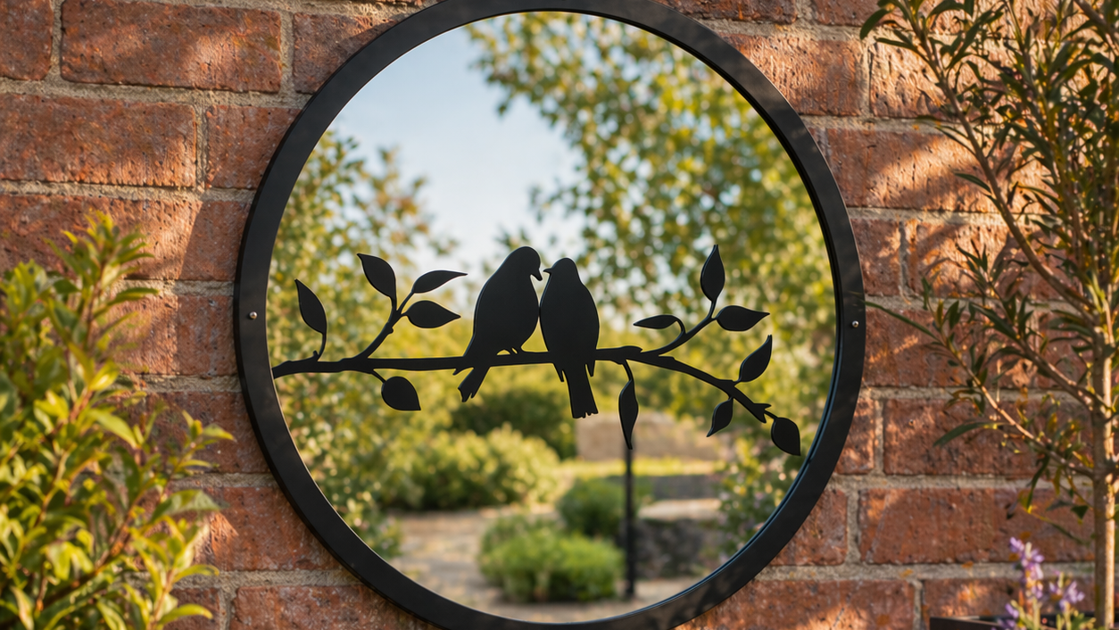 Decorative outdoor mirror featuring two birds on a branch displayed in a peaceful garden setting
