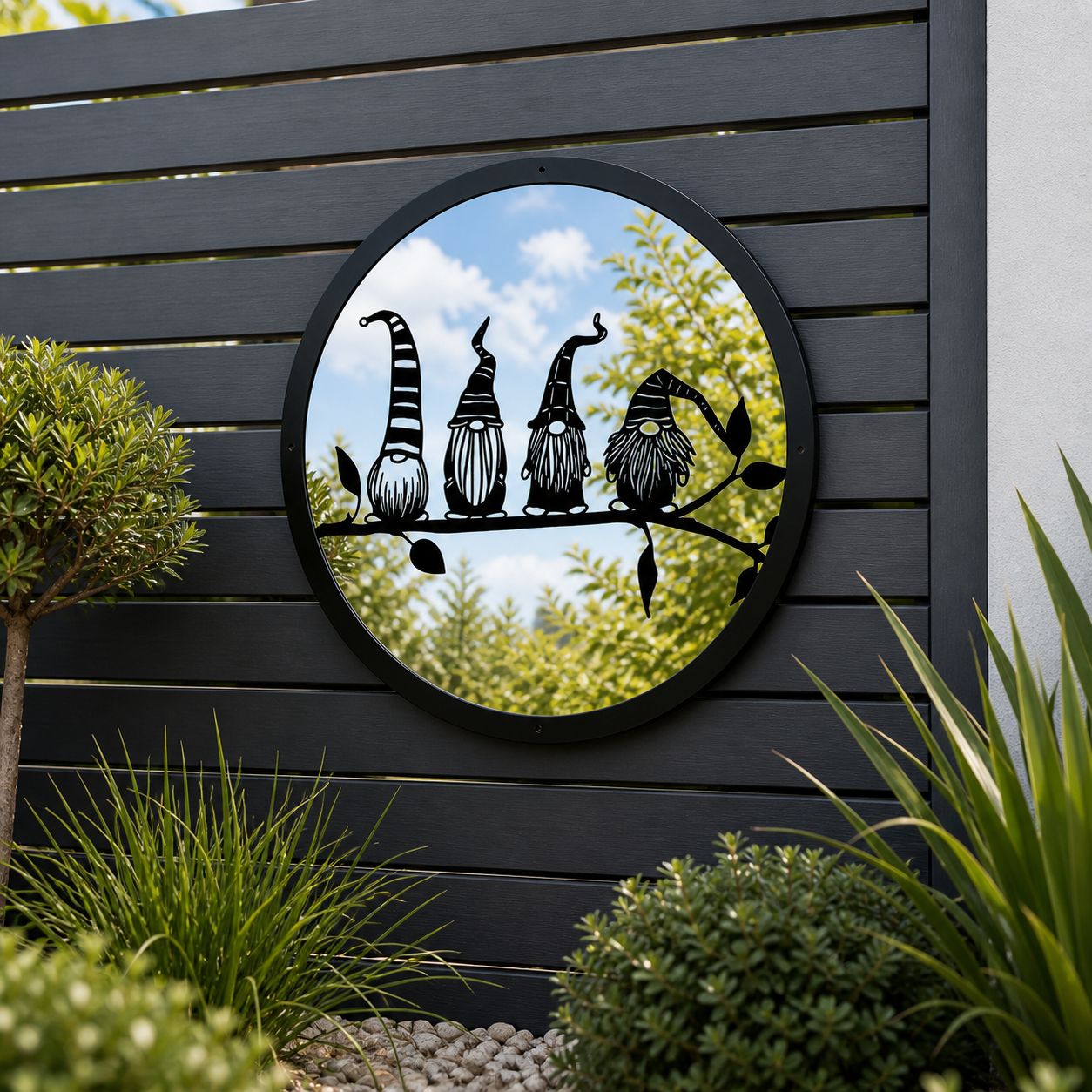 Four Friendly Gonks Garden Mirror