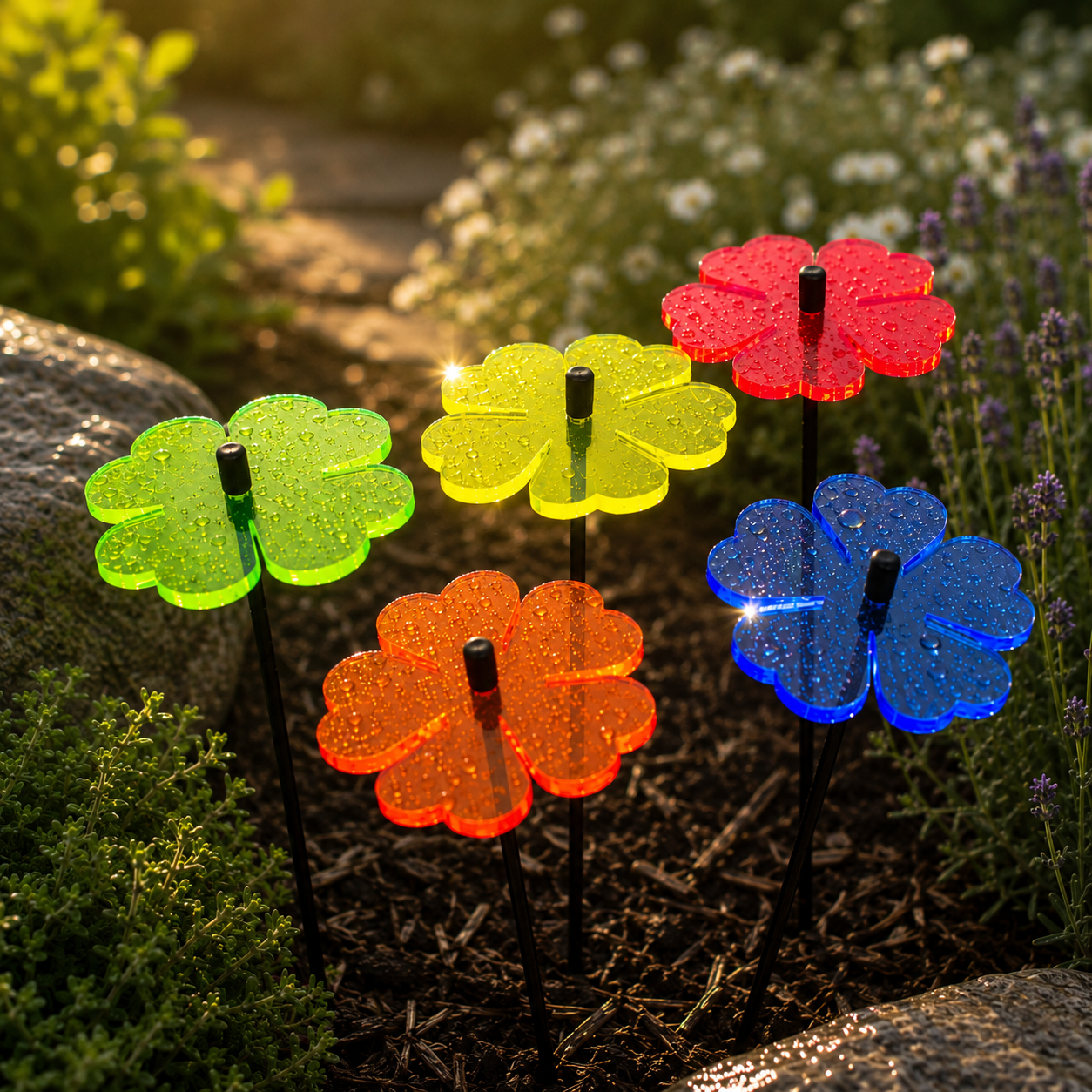 Set of five Double Blossom fluorescent acrylic garden stakes in red, orange, yellow, green and blue displayed among lavender and white flowers in a British cottage garden during golden hour.
