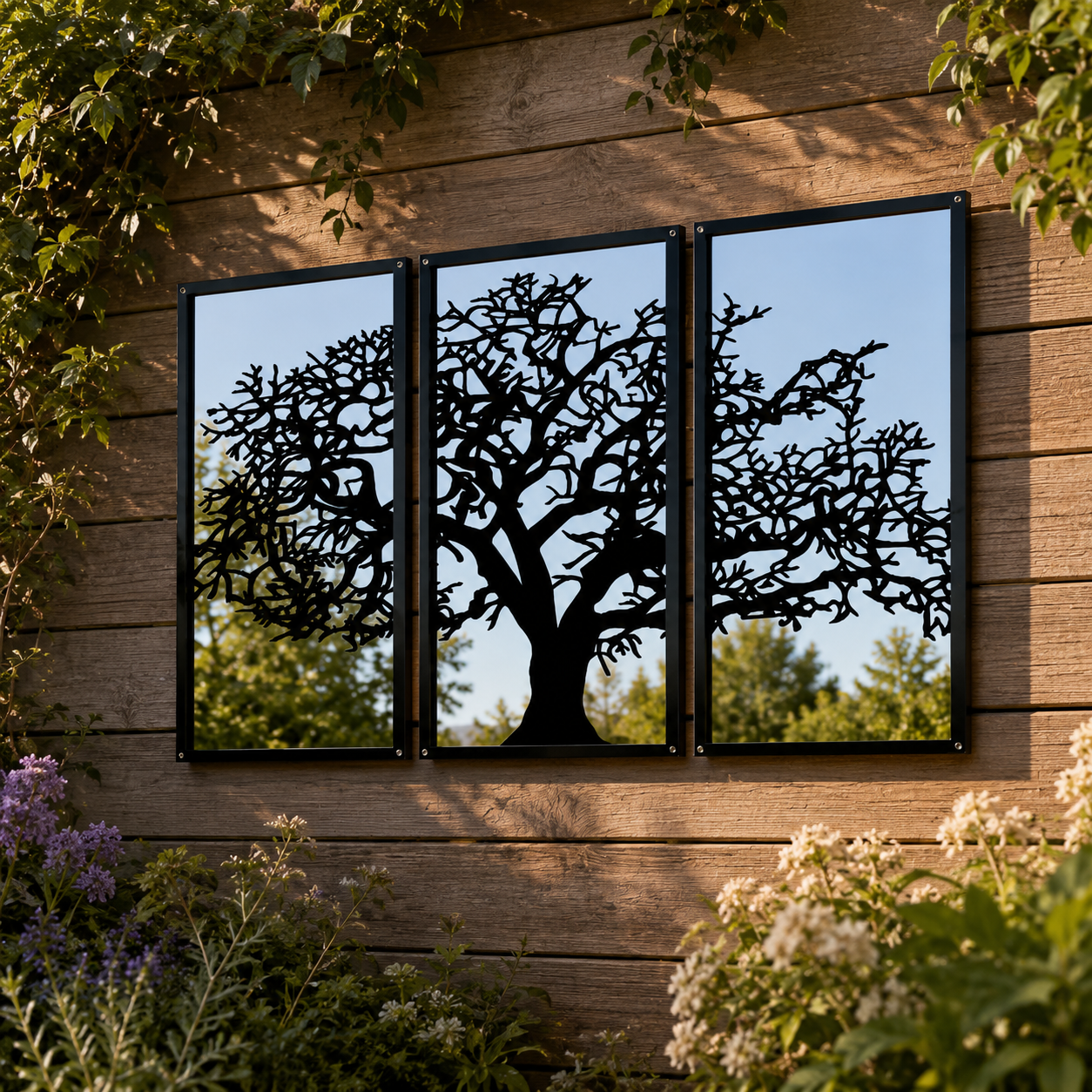 Three Panel Tree Garden Mirror outdoor acrylic garden mirror main product image